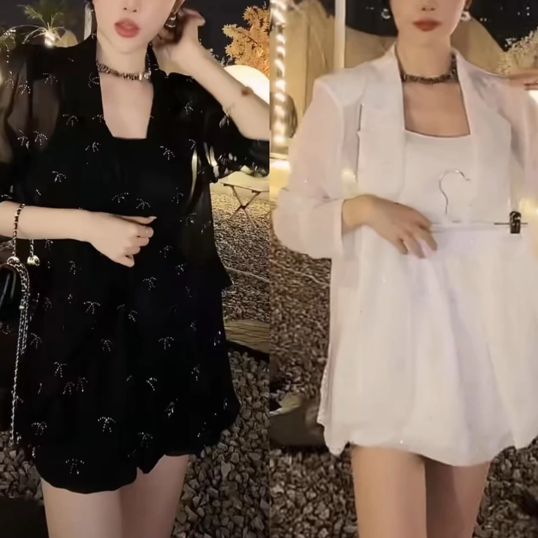 小心机重工烫钻薄款微透防晒西装外套短裤套装女夏季防晒两件套潮