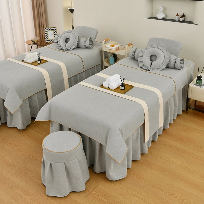 高档欧式美容推拿床罩简约纯色棉麻理发店按摩床足疗床裙带洞灰色