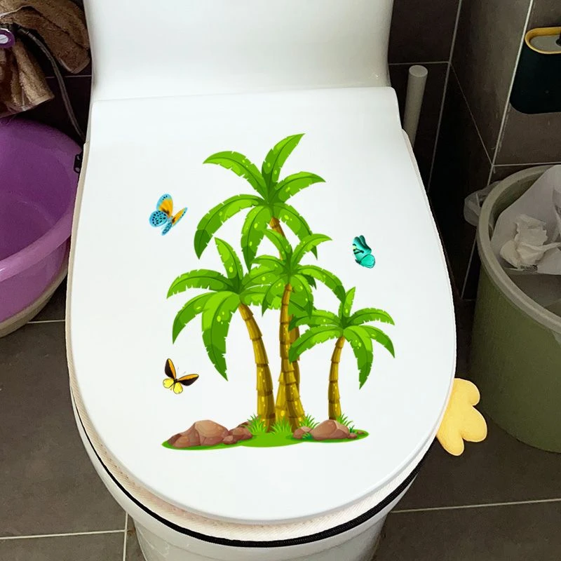 蝴蝶椰树现代装饰墙贴家用浴室卫生间马桶遮挡隐私贴纸荷花防水