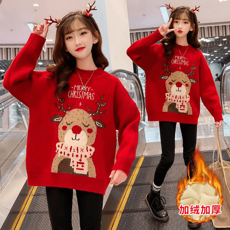 女童毛衣冬加绒加厚中大童新款洋气休闲炸街儿童针织打底红色圣诞