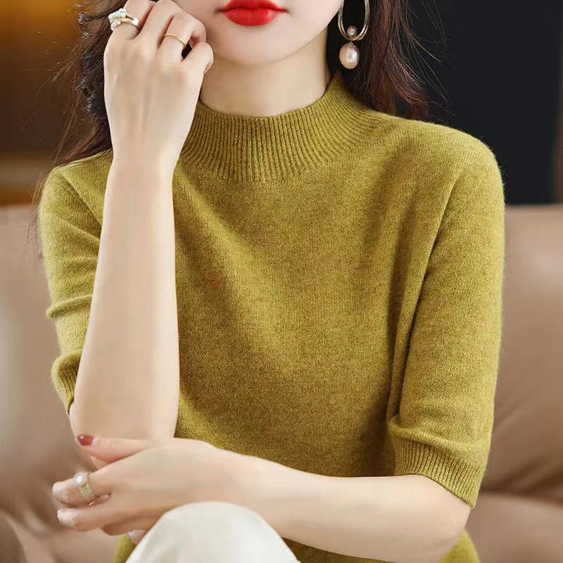 五分袖针织衫女毛衫打底衫套头内搭半袖T恤百搭外穿休闲上衣女