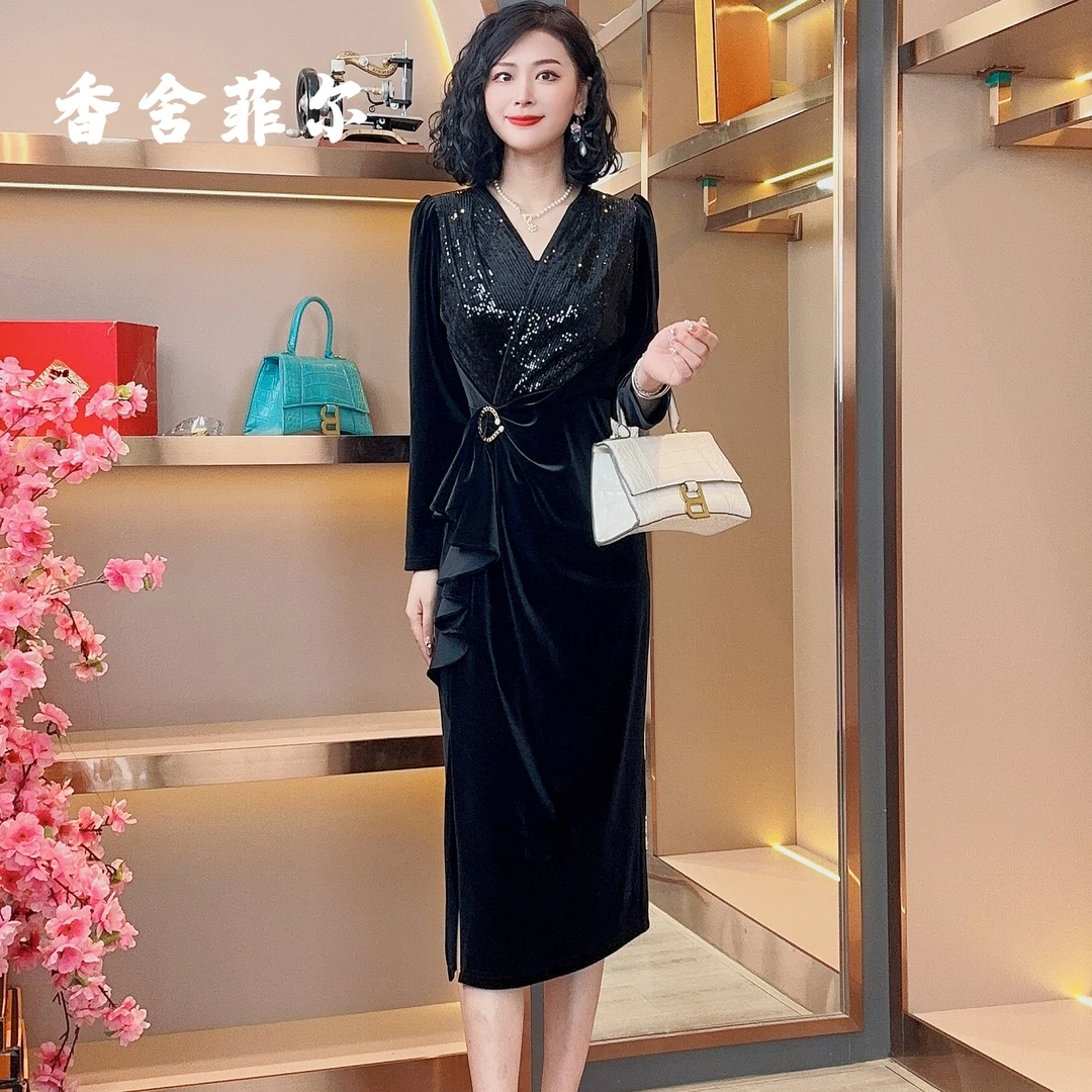 【香舍菲尔】82368新款优雅时尚亮片修身法式收腰显瘦轻奢连衣裙