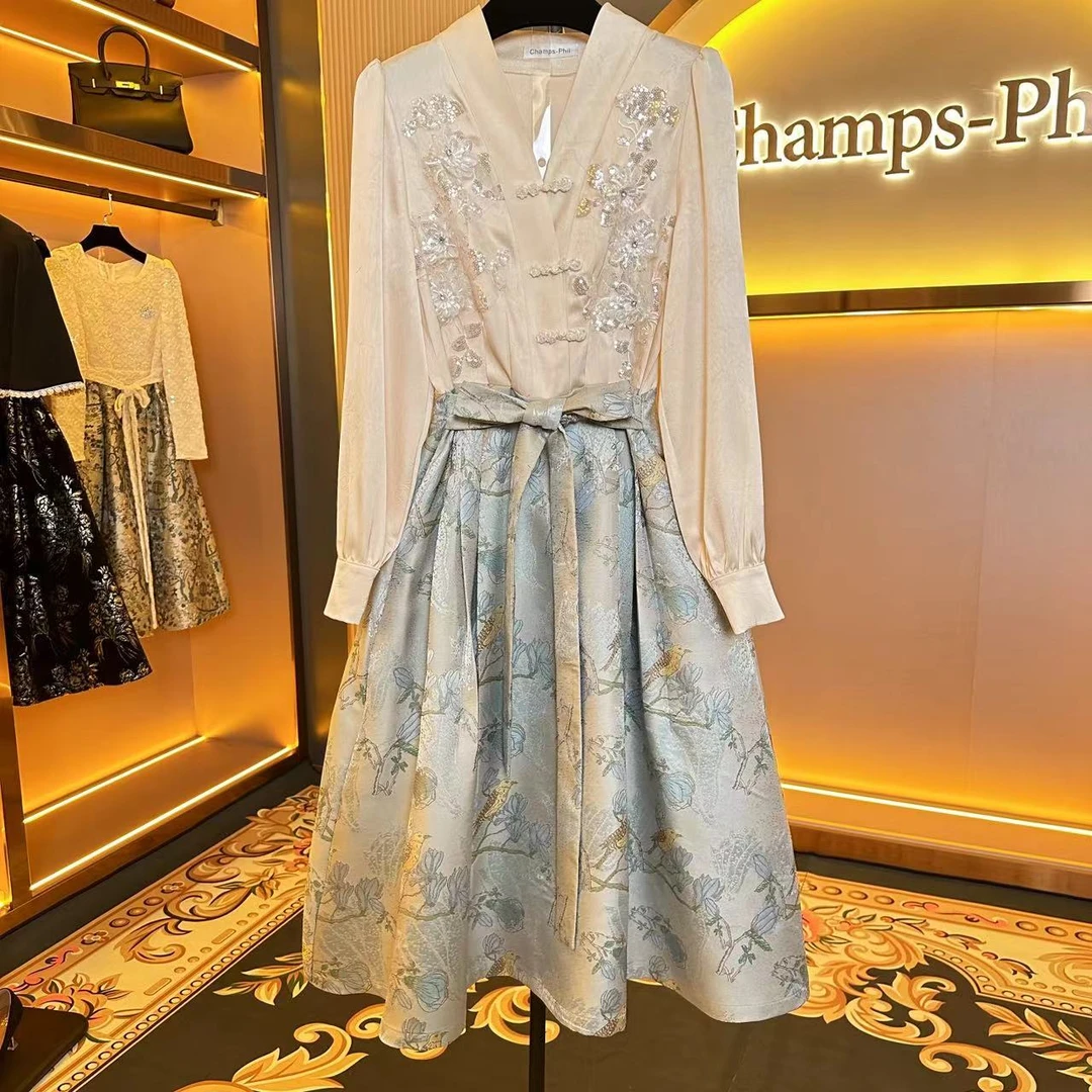 【香舍菲尔】83118-复古国风连衣裙高级感小香风收腰显瘦蕾丝连衣裙