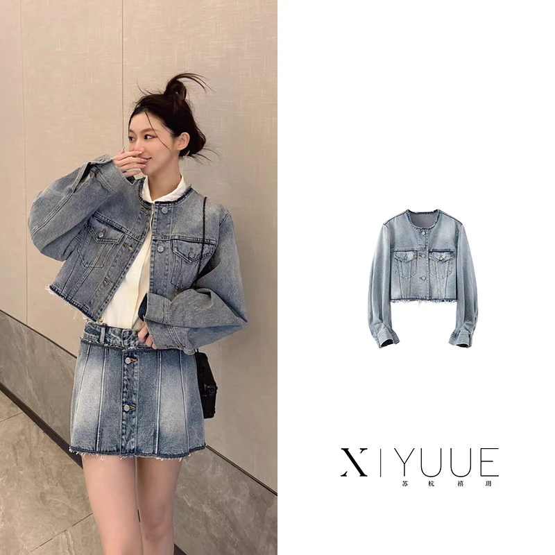JN421春季新款宽松短款美式复古圆领小香风牛仔外套女421