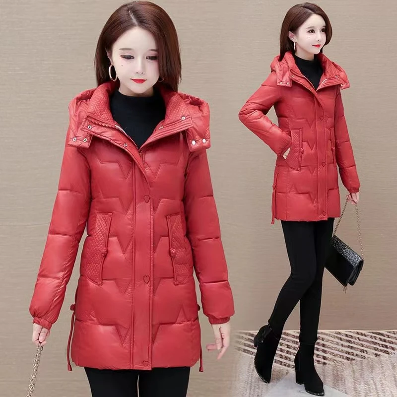 中长款修身棉服2023新款连帽时尚百搭棉衣加厚立领显瘦女士棉袄