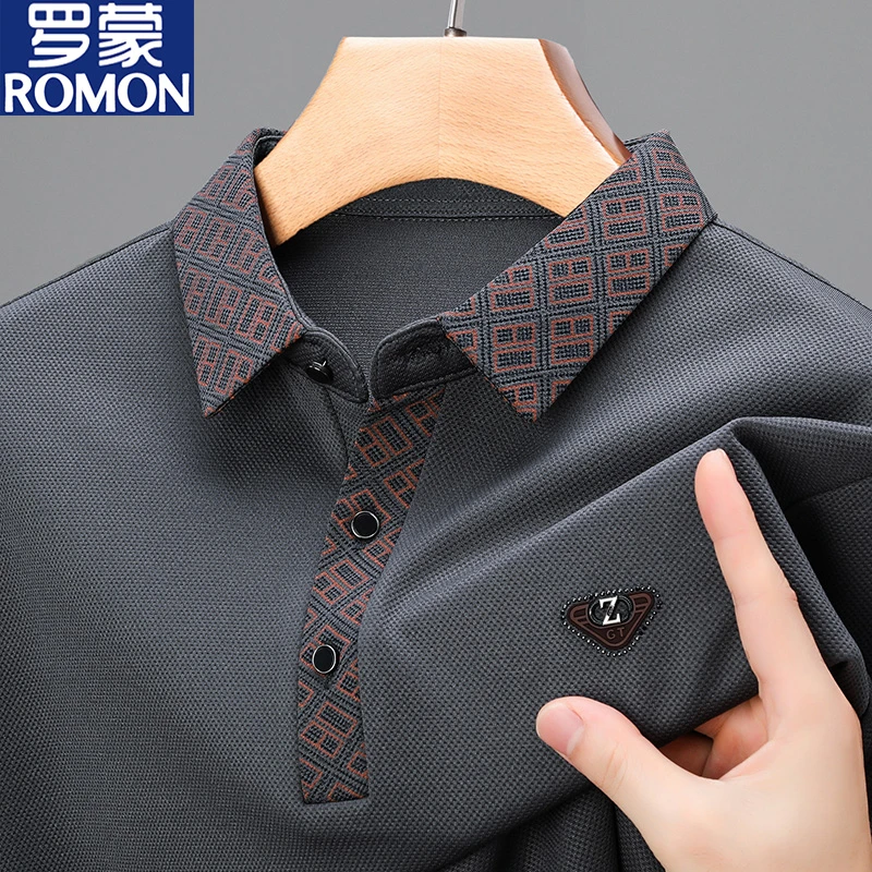 罗蒙2025春秋爆款上新长袖T恤男士商务休闲刺绣翻领POLO衫宽松男t