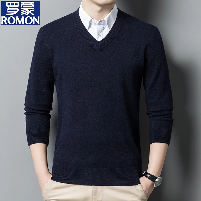 罗蒙轻奢V领毛衣男士秋冬季商务休闲鸡心领针织打底衫套头毛线衣