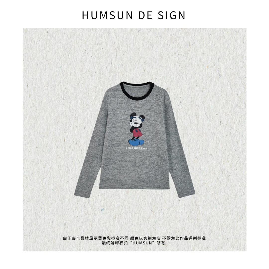 HUMSUN/禾木笙「牛乳酥酥绒」减龄雾感绒面卡通印花磨毛T恤 24E316