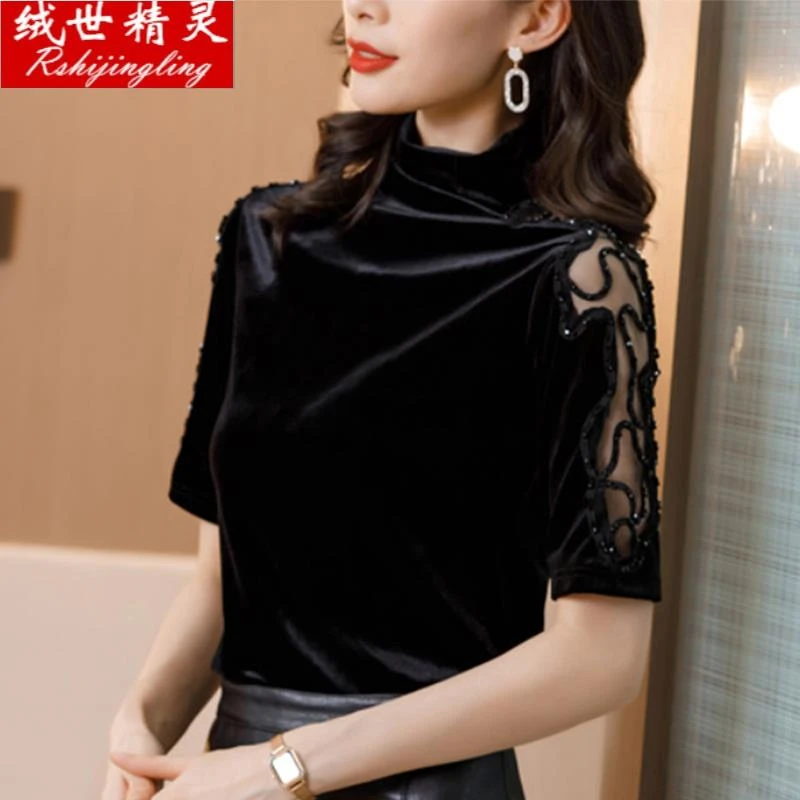 啄木鸟高领金丝绒打底衫春秋冬季2023年新款女装春中袖t恤洋气半