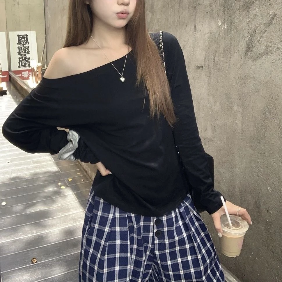 2025早春新款设计感宽松弹力显瘦一字肩小众上衣女长袖T恤女百搭