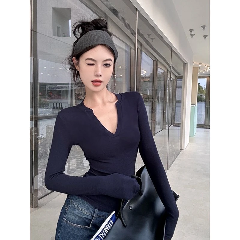 2025春秋气质弹力辣妹心机设计感打底衫长袖百搭修身显瘦内搭纯欲