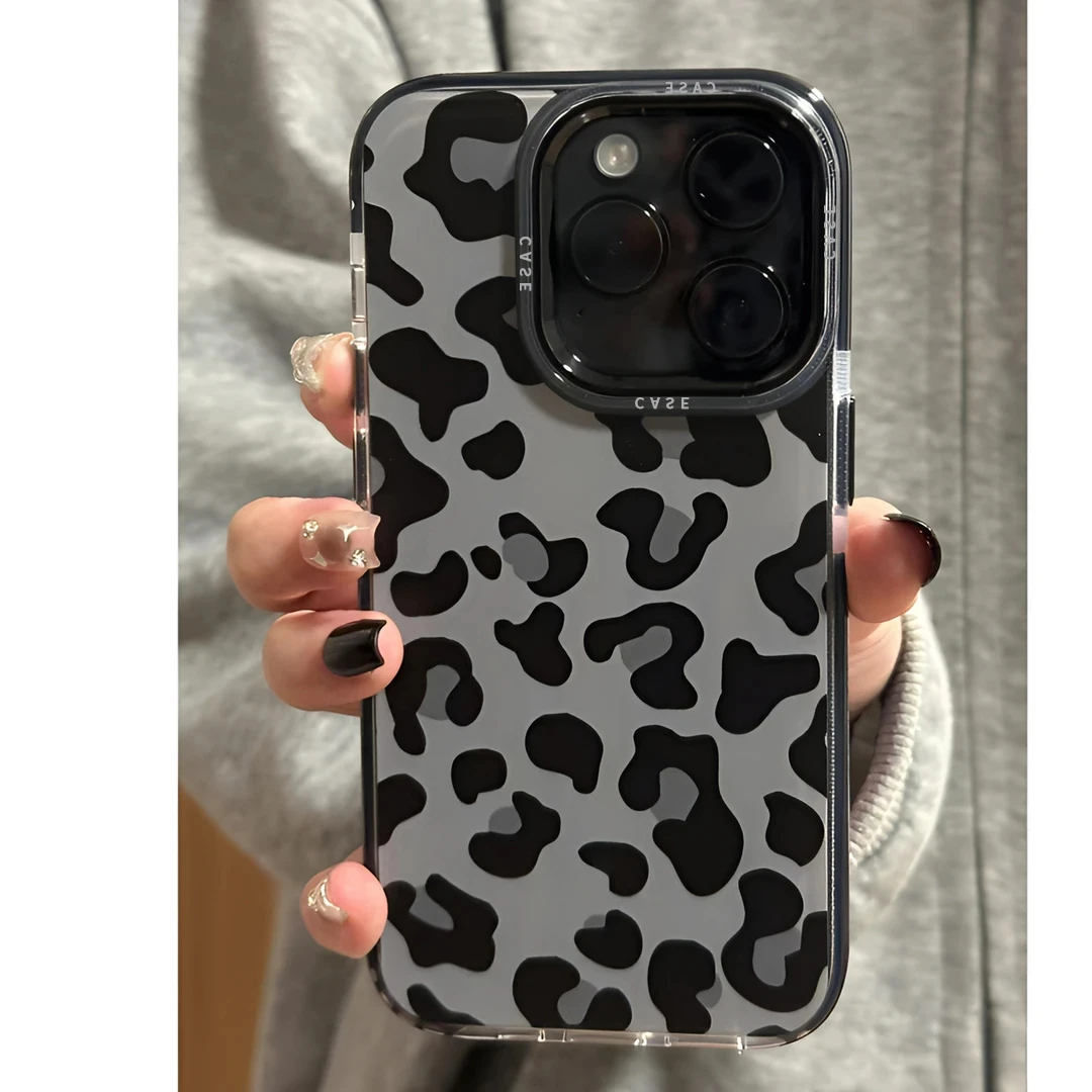 高级黑色豹纹适用苹果15PROMAX手机壳轻奢16PRO/14PRO防摔13/12潮