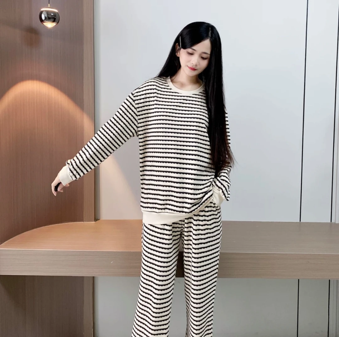 秋冬加厚带胸垫睡衣双面棉长袖长裤韩版时尚女士休闲睡衣套装可外