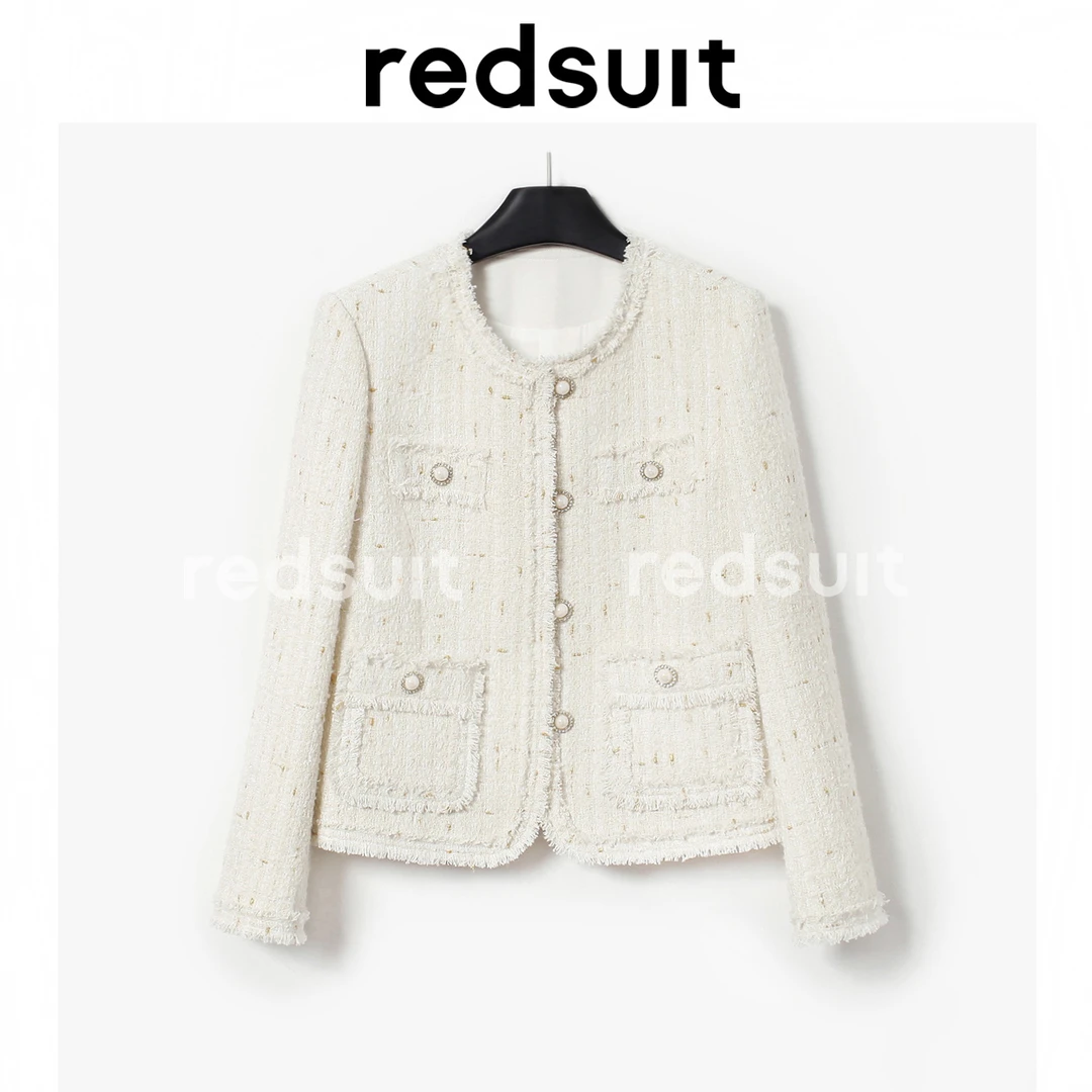 REDSUIT气质轻奢圆领粗花呢手工拉毛长袖小香风外套金丝白色上衣