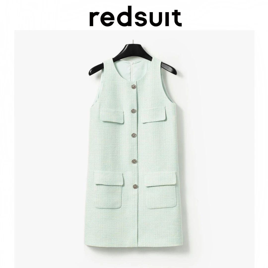 redsuit清凉编织麻感肌理显瘦轻薄飘逸圆领无袖背心小香风连衣裙
