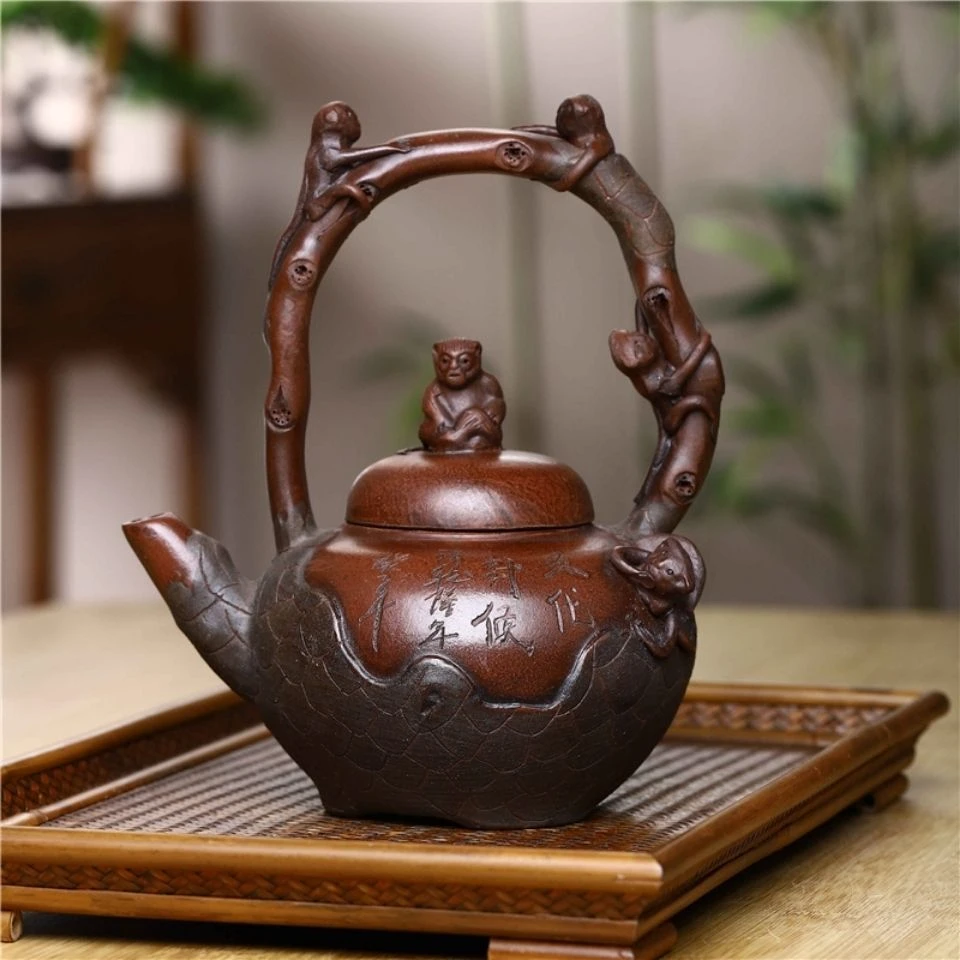 清仓处理老一厂库存老提梁灵猴紫砂宜兴原矿手工紫砂壶茶壶老库存