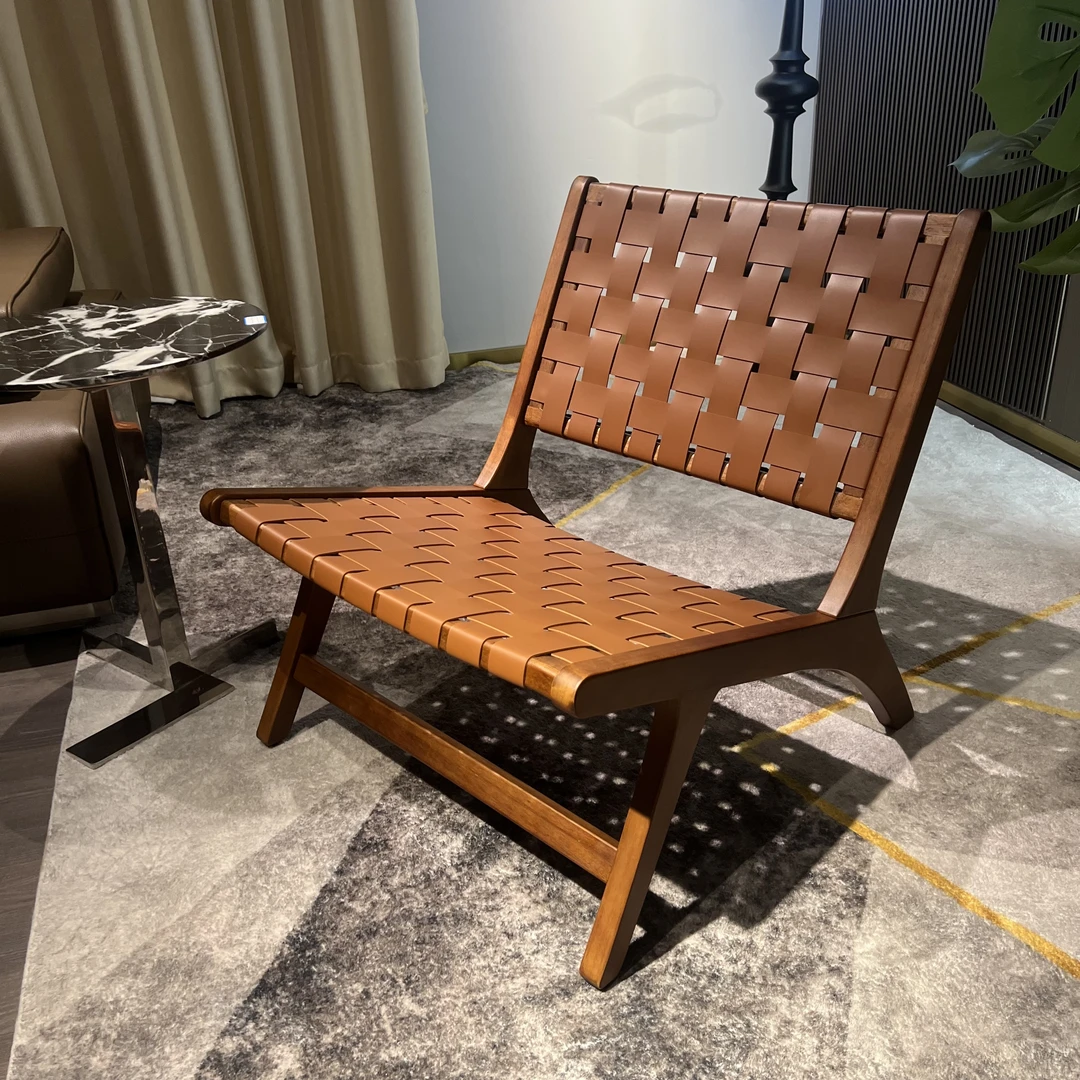 出口北欧实木马鞍皮革户外躺椅美式休闲椅子日式客厅茶几复古