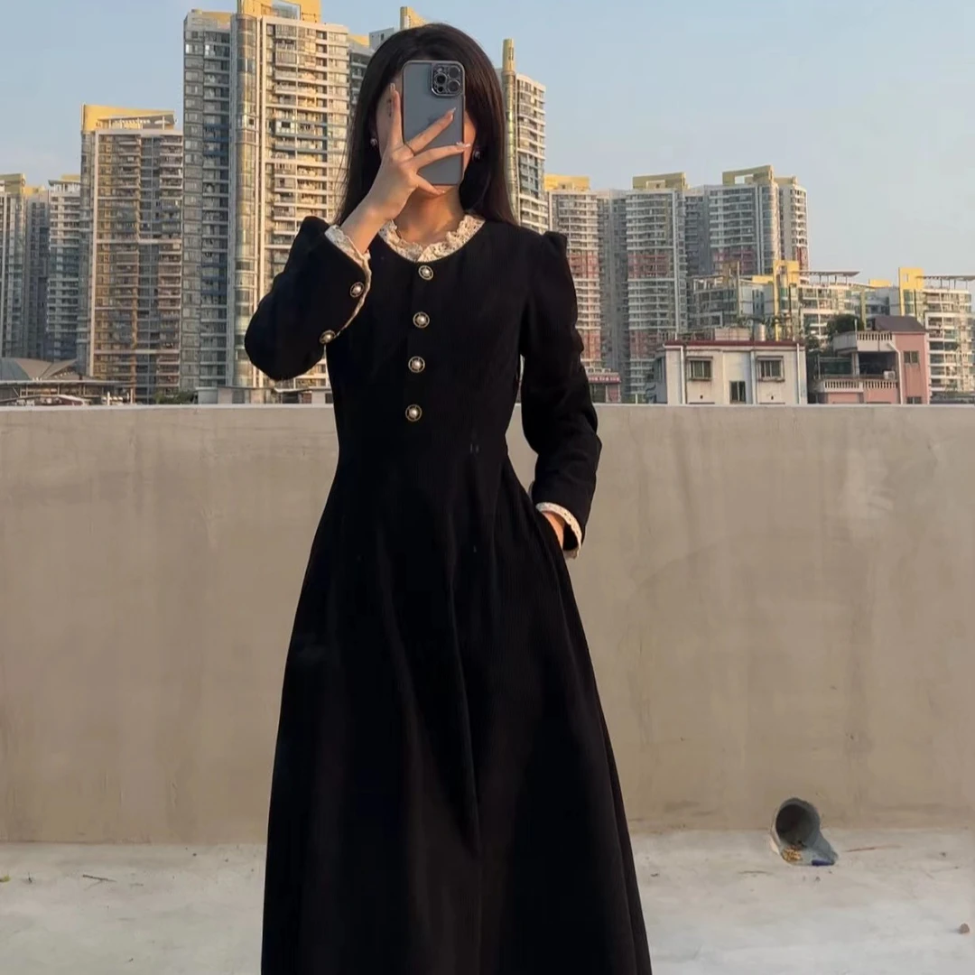 【茶歇裙】显瘦法式复古赫本小黑裙A字中长裙法式花边立领连衣裙