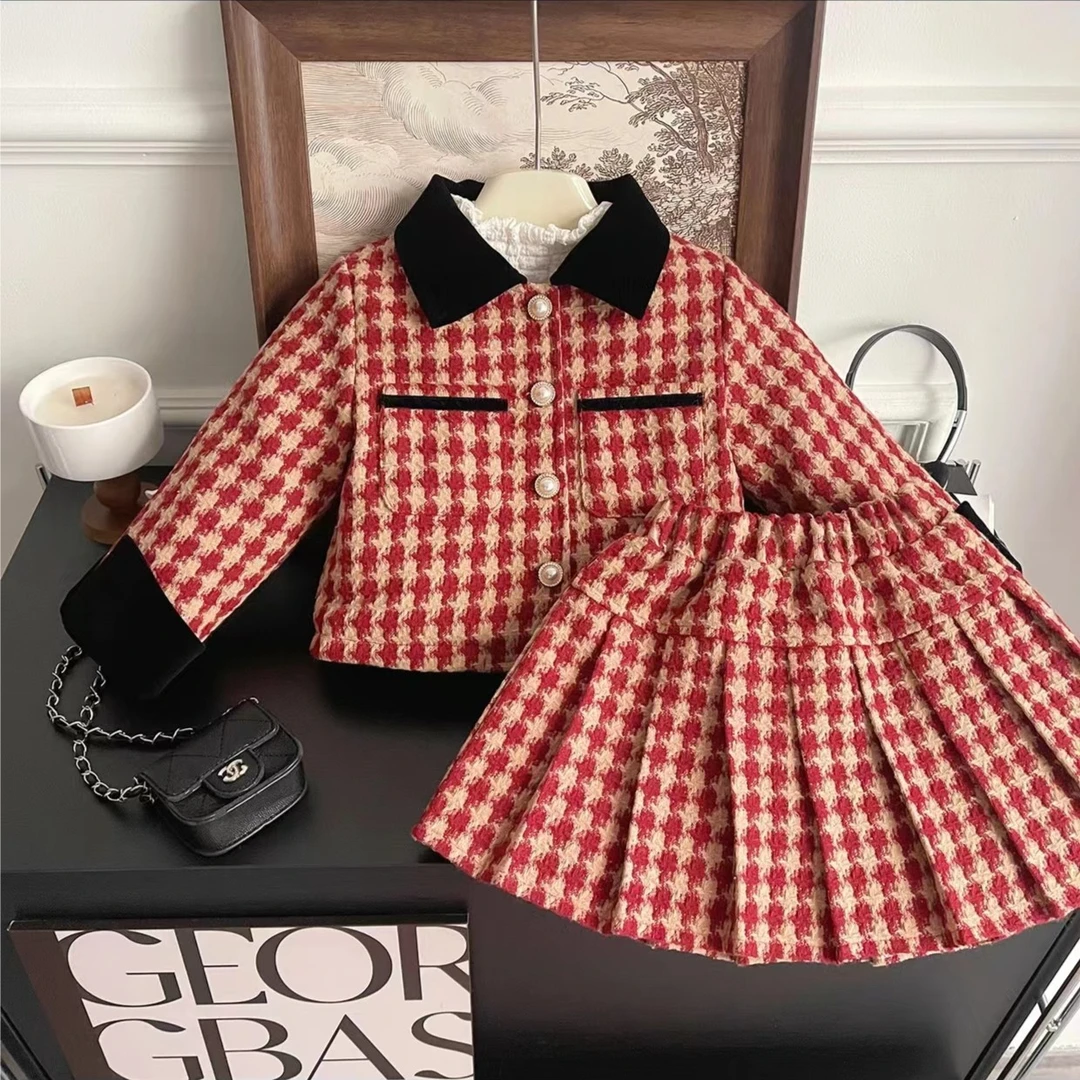2024新款冬季女童小香风套装夹棉加厚洋气格子两件套D68205
