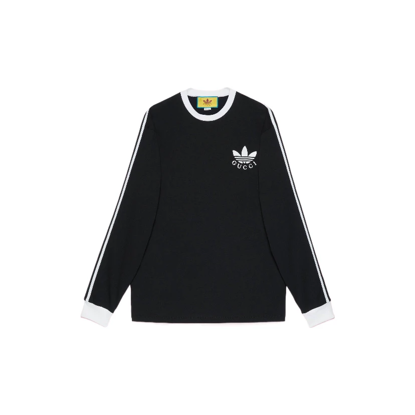 奢邦/GUCCIx adidas 联名款 条纹肩饰Logo印花休闲长袖T恤