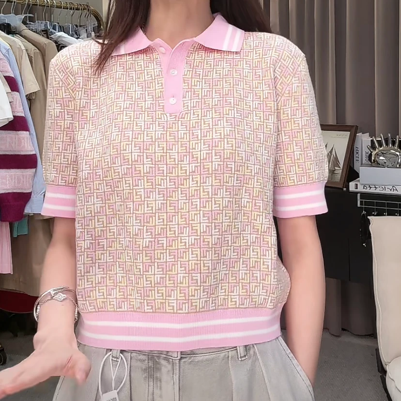 奢邦/儿童款 FENDI芬迪 童装 Logo满印纽扣短袖Polo衫 粉色