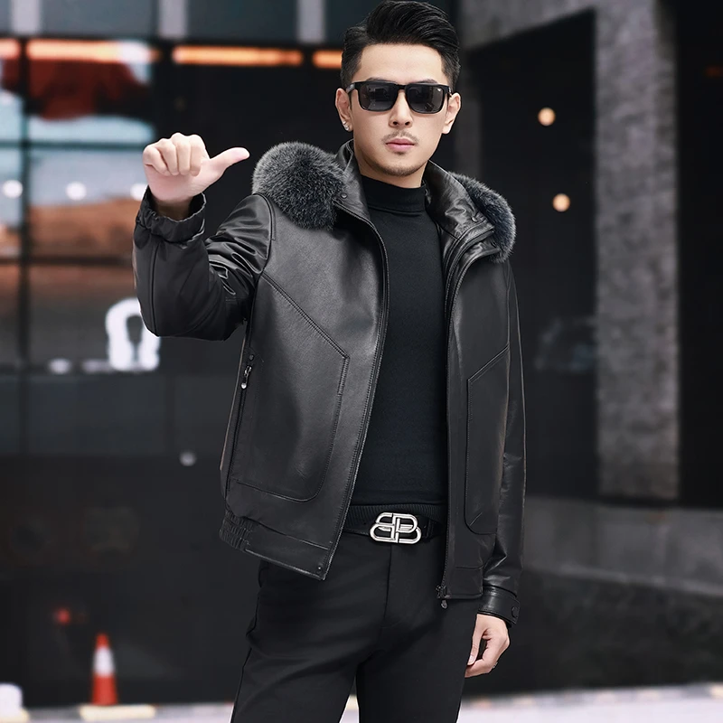 海宁真皮皮衣男头层小牛皮脱卸鹅绒内胆拆卸狐狸毛领真皮夹克外套