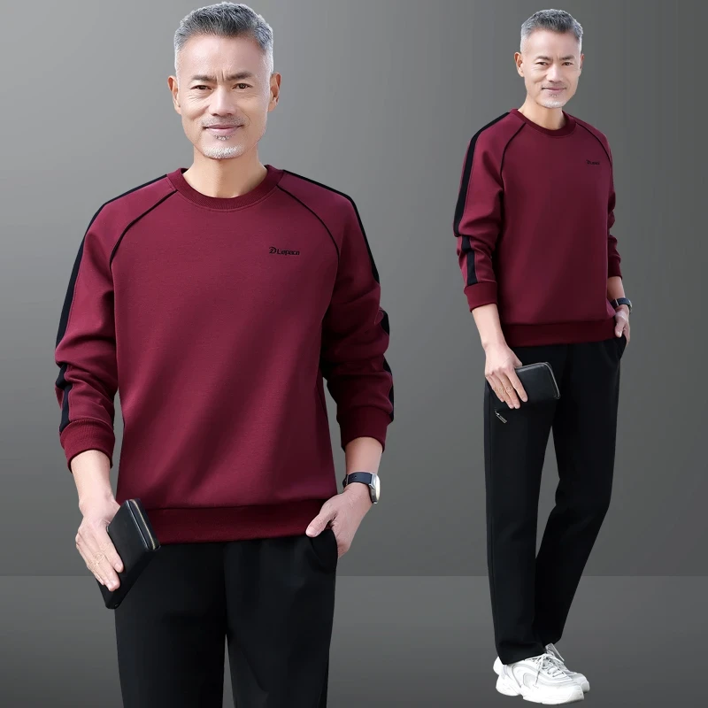 中老年运动套装男春秋圆领套头卫衣男中年休闲男装运动服爸爸秋装