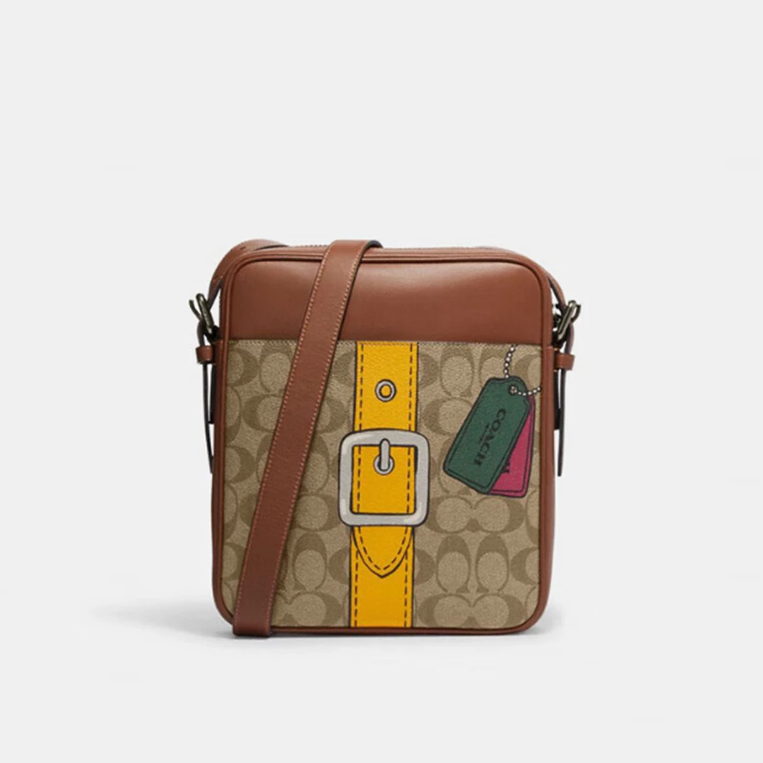 COACH/蔻驰 Flight bag单肩斜挎包男包卡其焦糖皮牌图案 22*26*cm