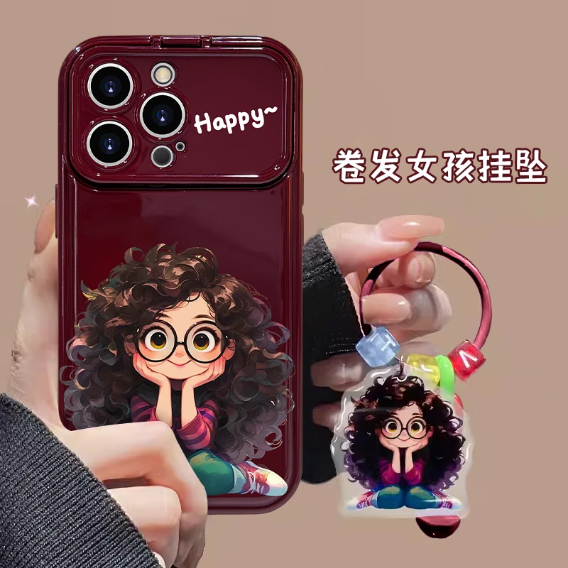 适用于苹果16/华为/oppo/vivo可爱爆炸头女孩手机壳个性翻盖镜子