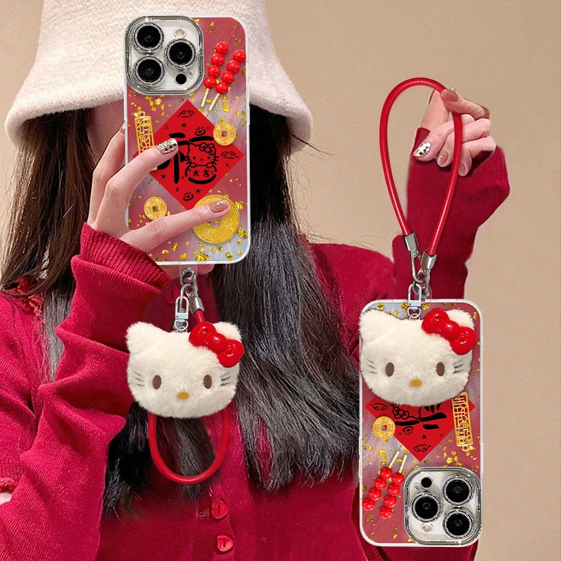 福字KT猫手机壳适用于苹果16/华为/oppo/vivo可爱创意羽纱壳爆款