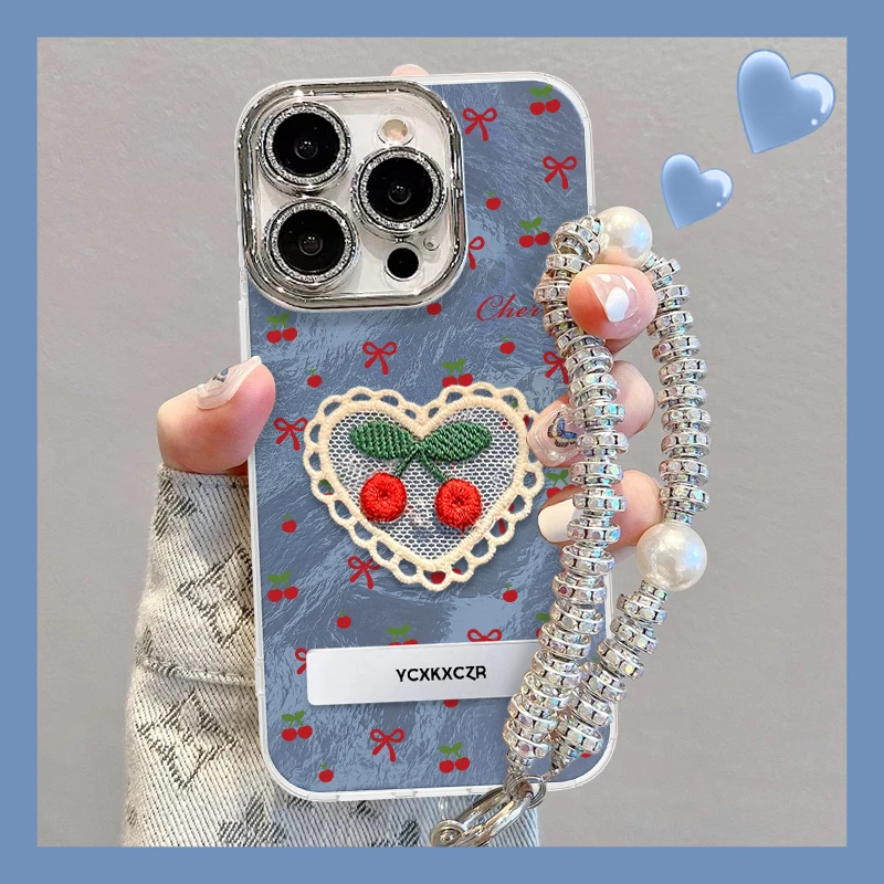 适用于苹果16樱桃蝴蝶结手机壳oppo华为vivo冰川纹可爱风卡通女款