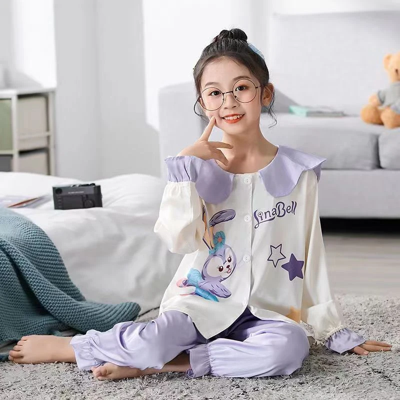 儿童睡衣春秋季女童冰丝薄款中大童夏天空调家居服套装  001