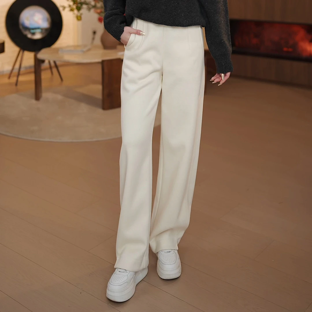 冬季简约垂感纯色抽绳百搭阔腿直筒裤休闲宽松女裤5XY86101