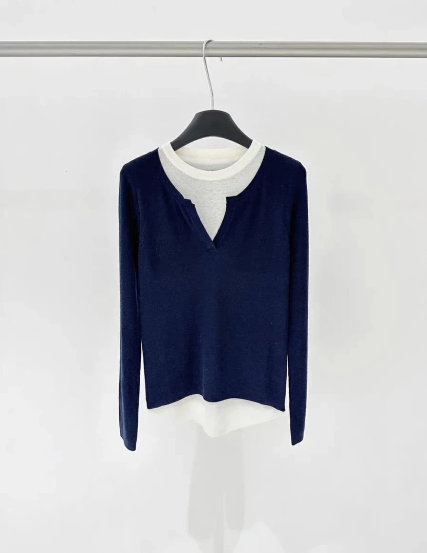 【赖老板】新款设计感假两件V领针织打底衫秋冬必备高级感百搭上衣