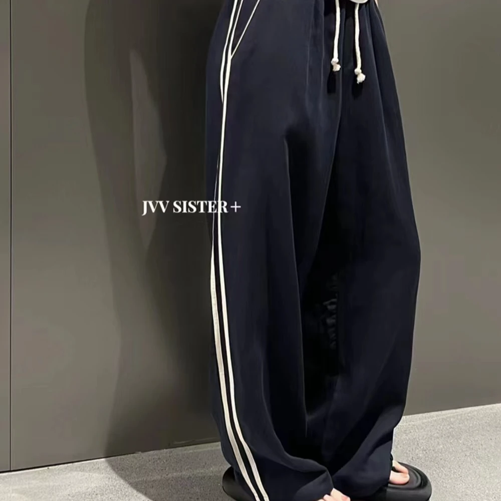【赖老板】新款高腰侧条纹拼接宽松休闲运动阔腿拖地裤时尚显瘦慵懒