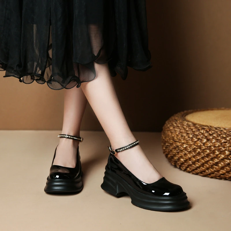 Felix复古法式玛丽珍牛皮春季单鞋高跟鞋水钻一字带厚底小皮鞋