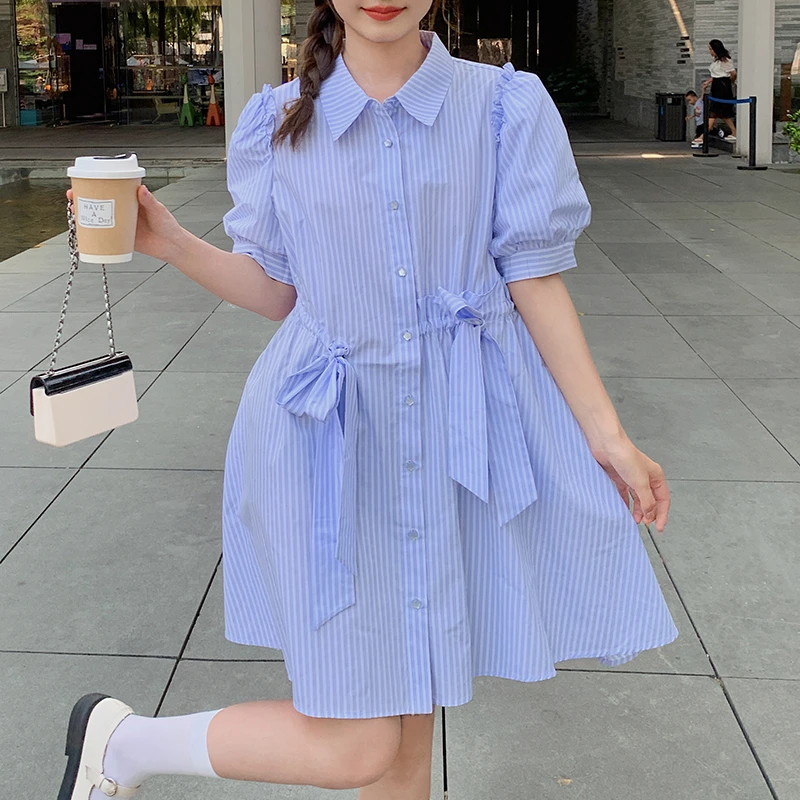 YUNMOM浅蓝条纹连衣裙显瘦收腰夏季中长款裙子小众宽松韩版小个子