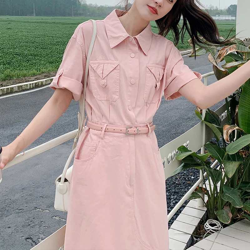 YUNMOM法式连衣裙显瘦女2023夏季新款收腰粉色裙子气质显白通勤装