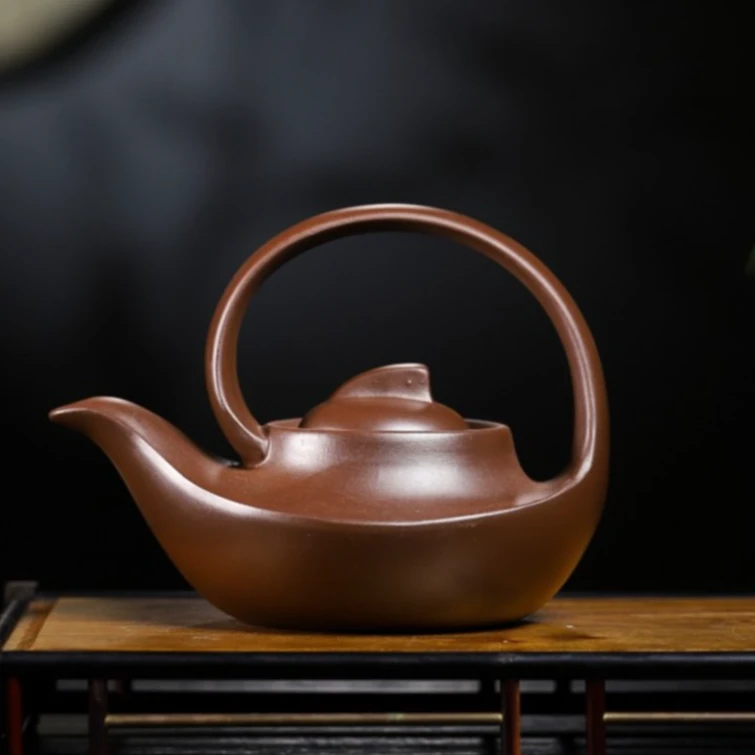 宜兴原矿紫泥 一帆风顺提梁 容量约400毫升 手制紫砂壶 精美茶壶