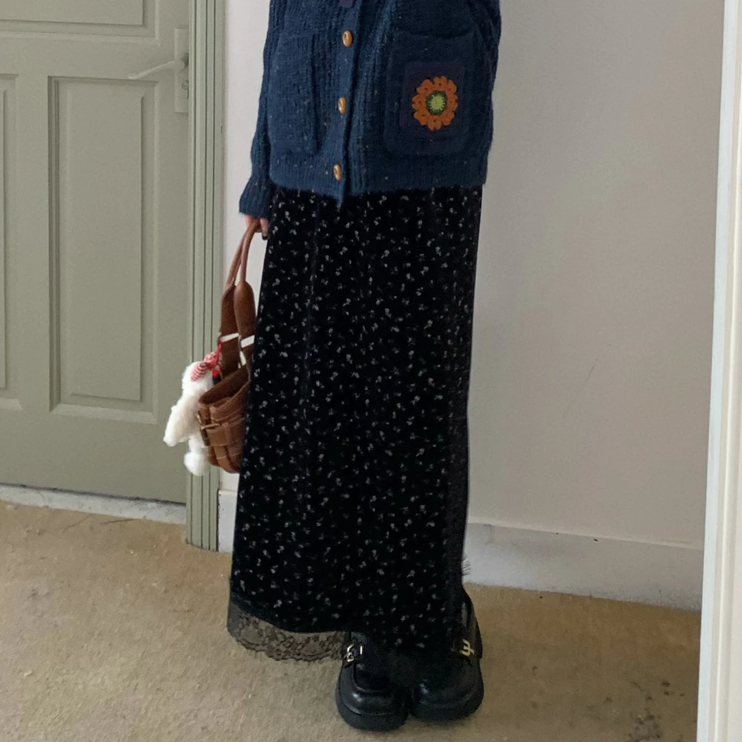 【赵小小yimao】76572 森系蕾丝拼接直筒法式甜美碎花中长款半身裙