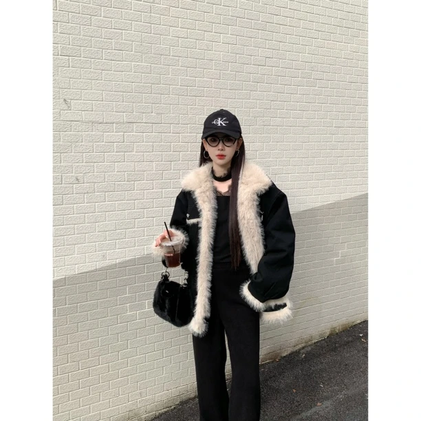 【赵小小yimao】76309 秋冬季撞色牛仔水洗毛毛领复古棉衣棉服外套