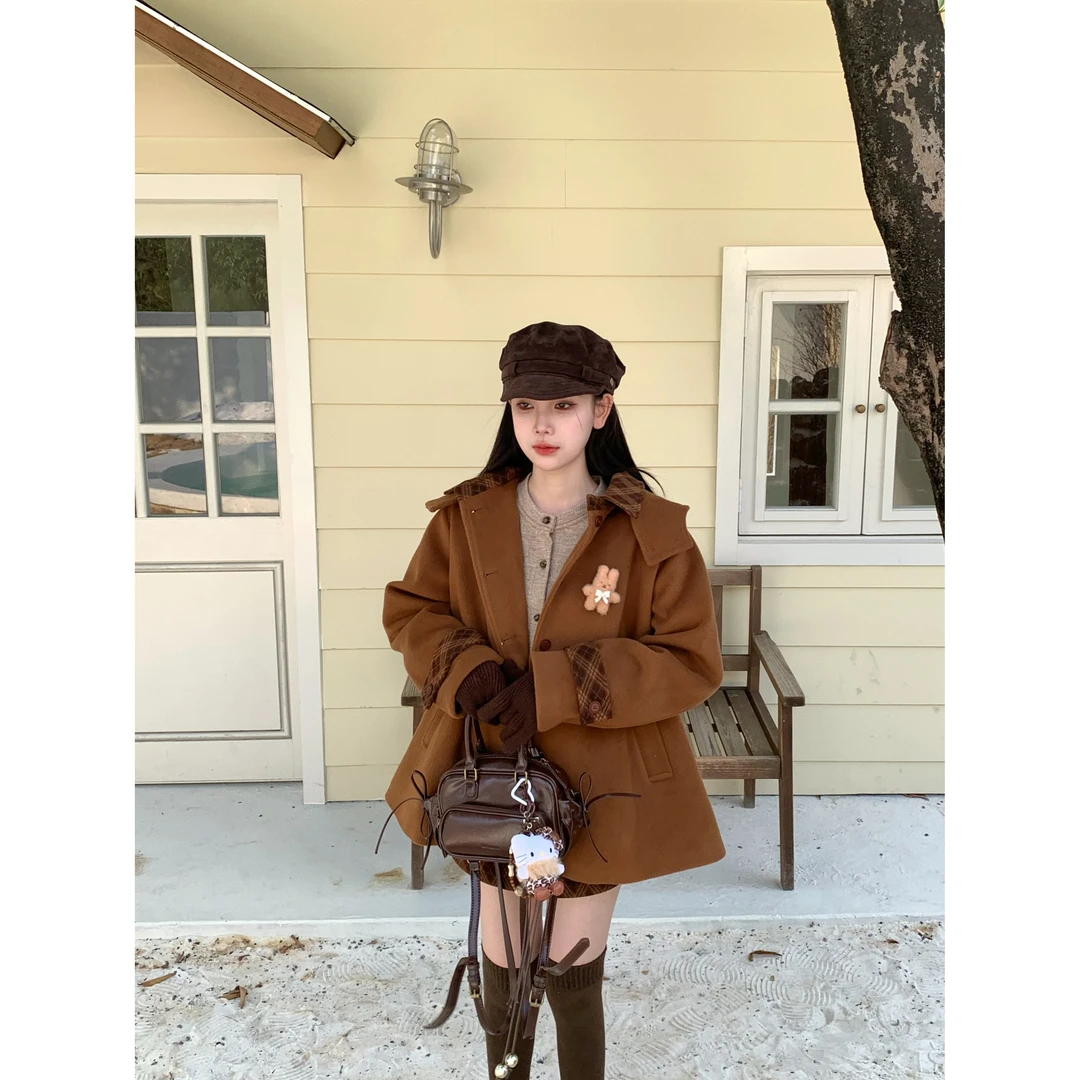 【赵小小yimao】76271 格子连帽毛呢大衣女韩系小个子夹棉加厚外套