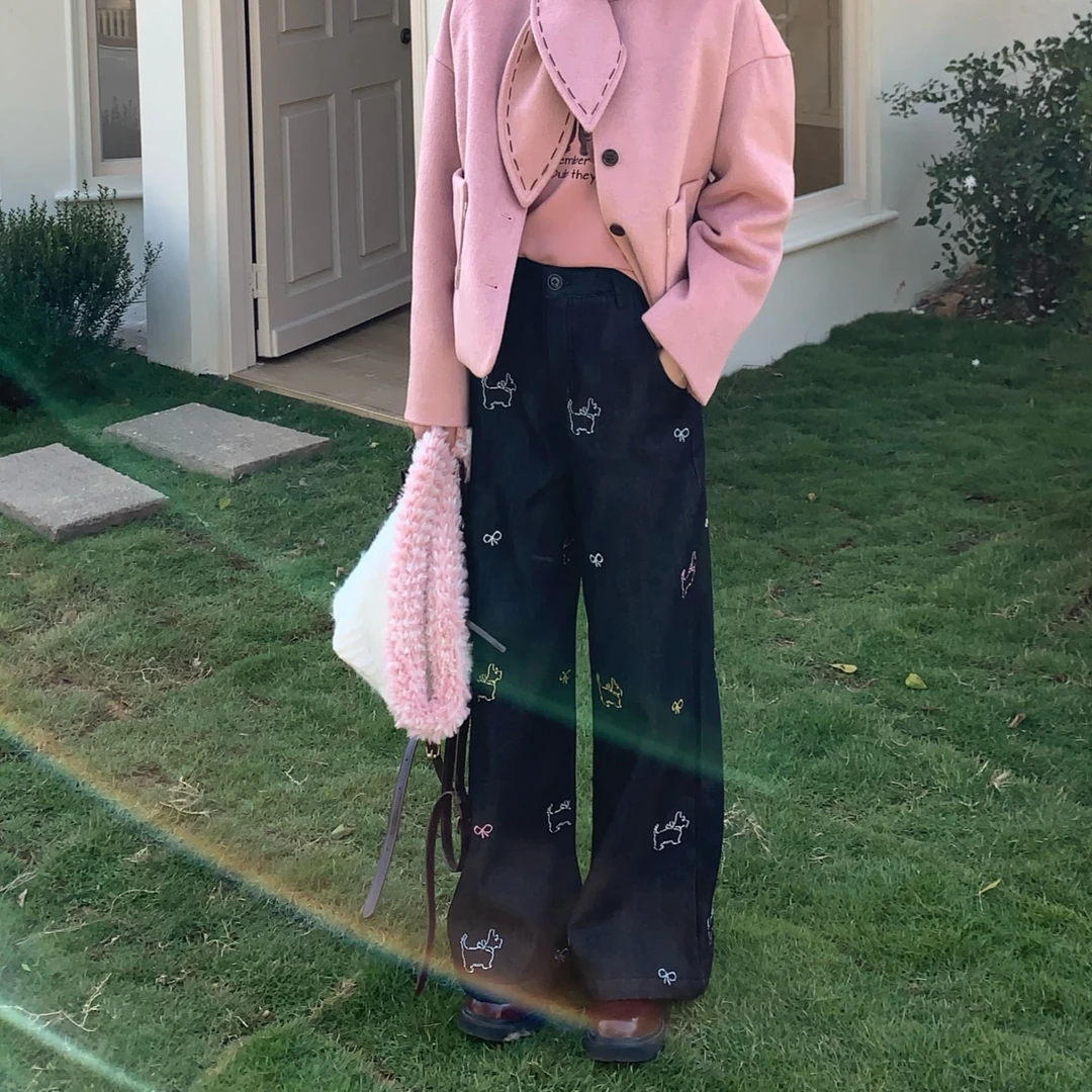 【赵小小yimao】76526 阔腿牛仔小狗刺绣设计感高腰显瘦直筒长裤子