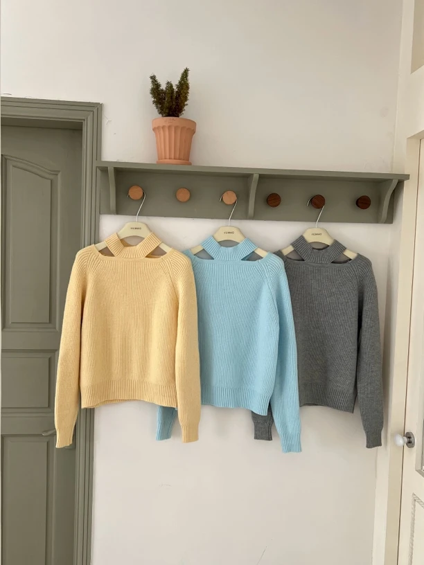 【赵小小yimao】H-7146 韩系简约净版挂脖一字肩针织毛衣休闲上衣