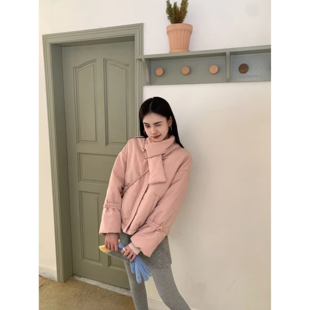 【赵小小yimao】76532 秋冬学院风短款甜美设计感棉服围脖领外套