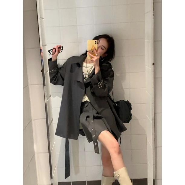 【赵小小yimao】75312 中长款小个子大翻领绑带收腰风衣大牌外套女