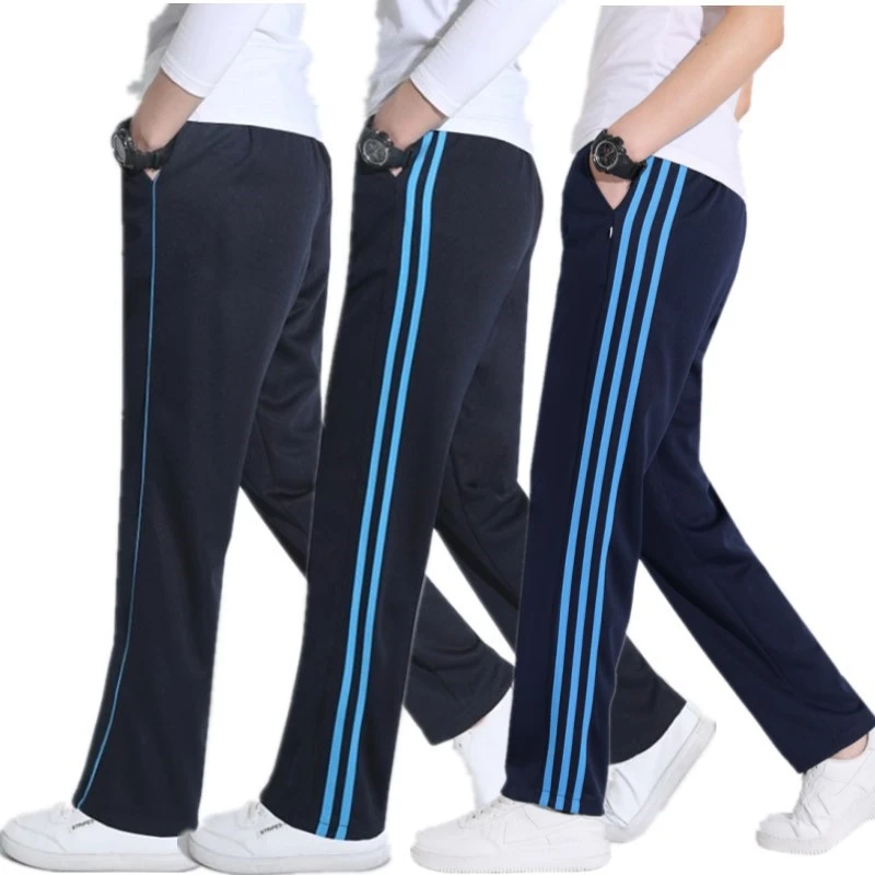 藏蓝色三蓝条校服裤子三道杠男女通用中小学加肥加大直筒运动裤