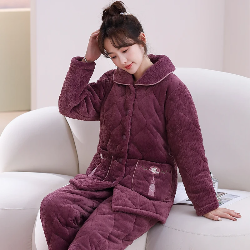 2024冬季新款三层夹棉加绒保暖家居服妈妈装开衫保暖加绒睡衣套装