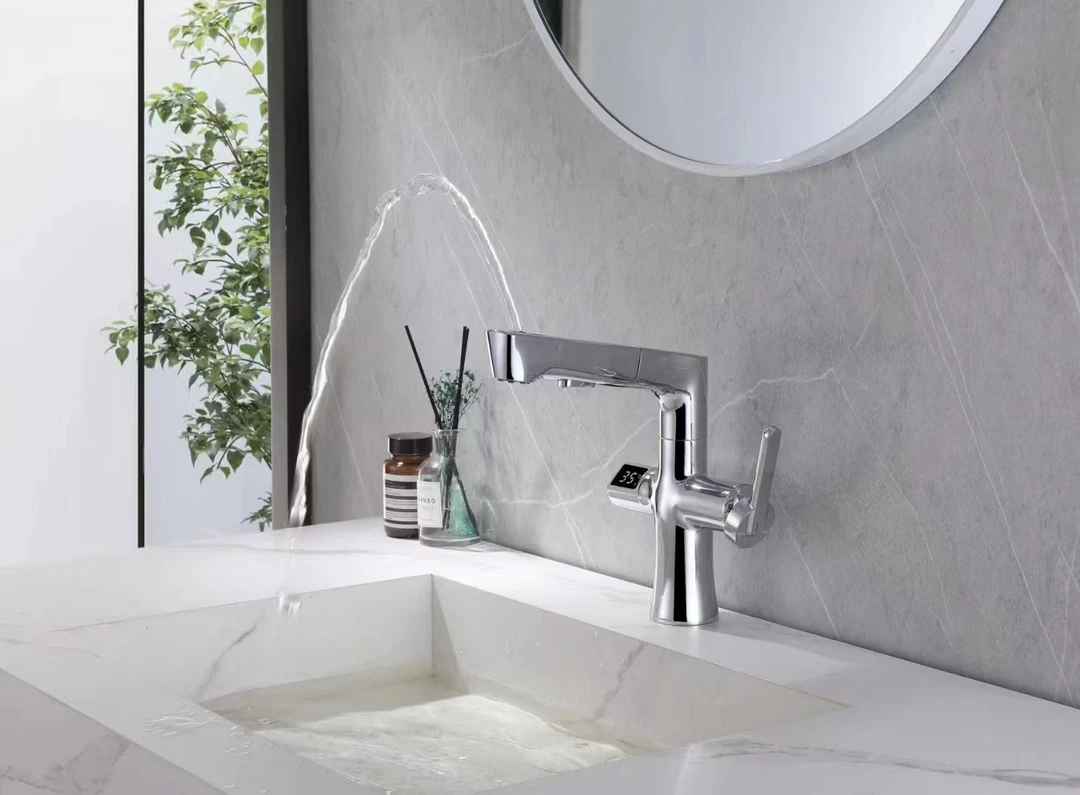 澜立方面盆龙头冷热水数显抽拉升降万向旋转纯铜白色电镀枪灰调节