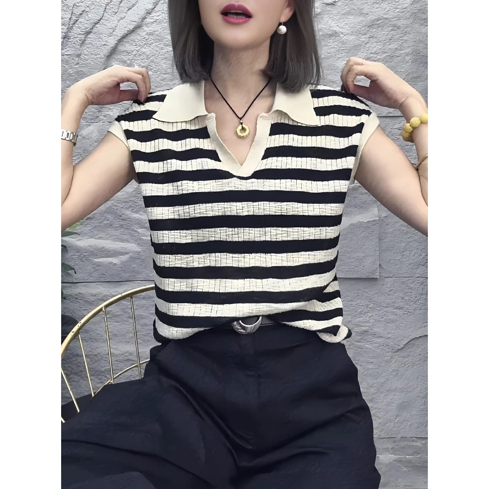 夏季2025新款简约宽松显瘦条纹百搭短袖T恤针织上衣女翻领时尚裤